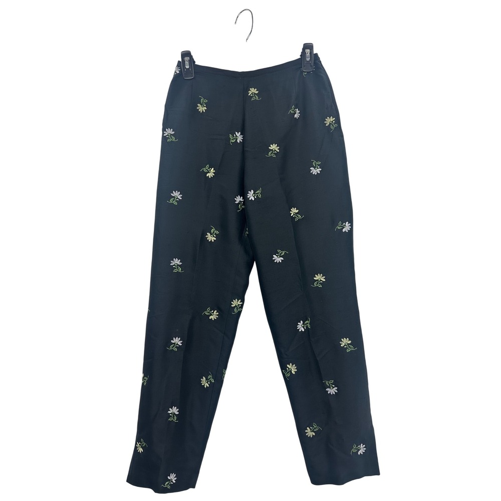 Petite Sophisticate Embroidered Floral‎ Silk Pants Size 4 Black Dressy Career